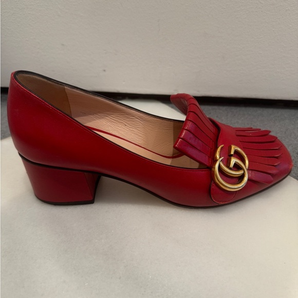 Gucci Marmot Mid-Heel Fringe Loafers in Red - Picture 9 of 14
